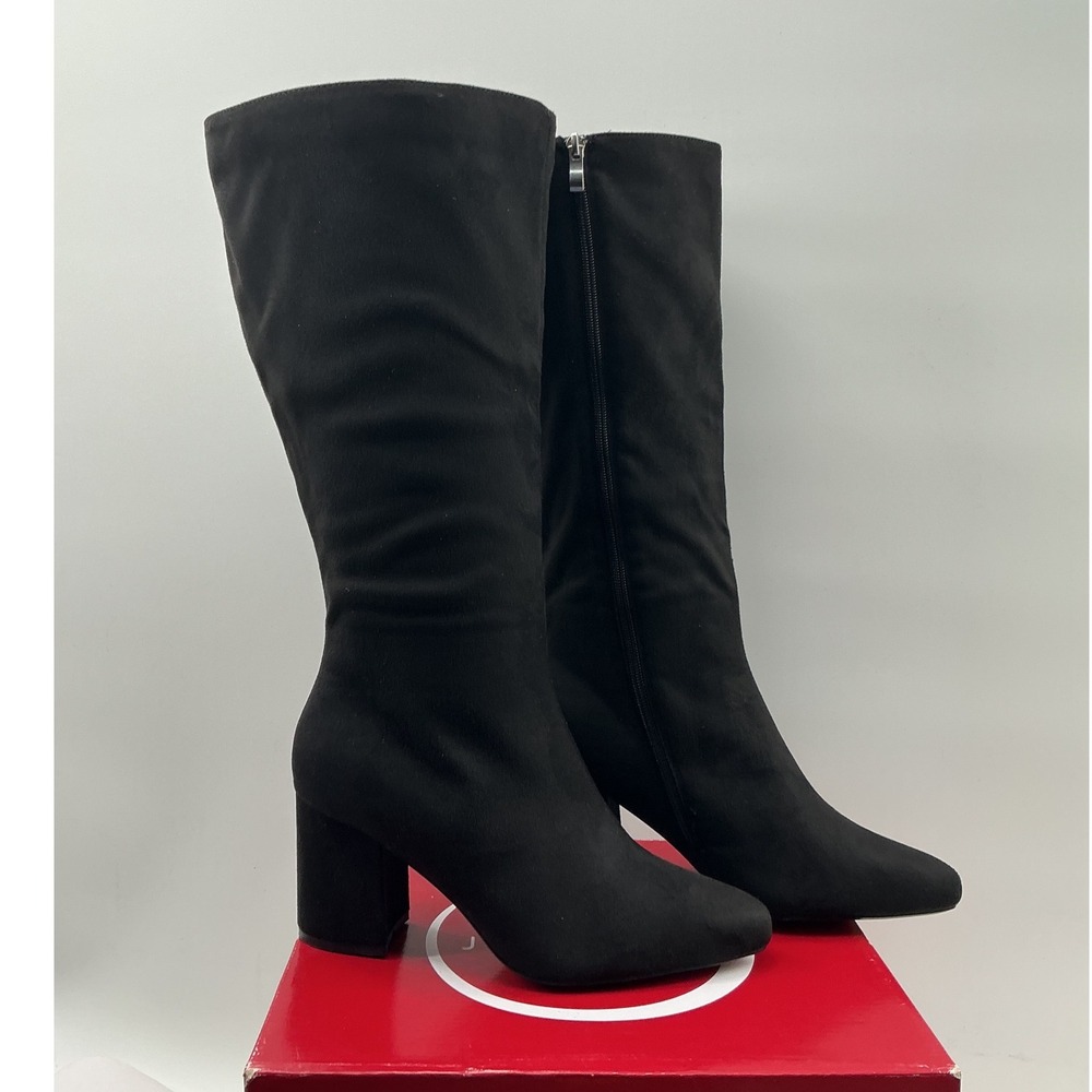 Journee Collection Ameylia-WDWC Black Faux Suede Wide Calf Block Heel Boots 8.5